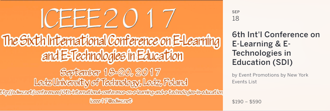 You are invited to participate in The Sixth International Conference on E-Learning and E-Technologies in Education (ICEEE2017) that will be held in Lodz, Poland on September 18-20, 2017. The event will be held over three days, with presentations delivered by researchers from the international community, including presentations from keynote speakers and state-of-the-art lectures.